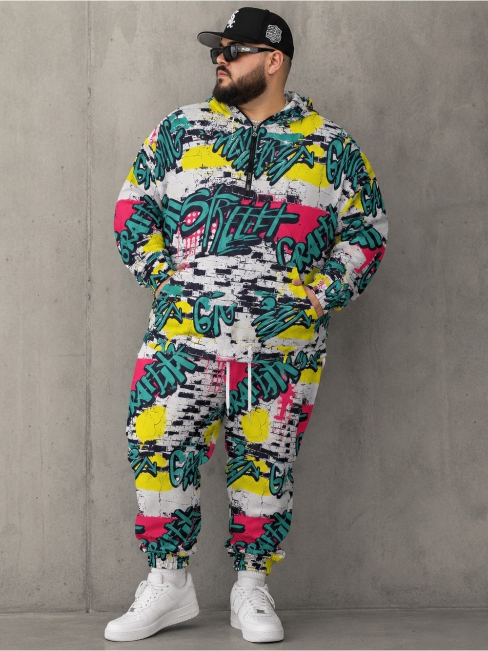 Y2K Graffiti Mens Tracksuit 3XL Hoodie Jogger Set Streetwear Hip Hop Skater Bold